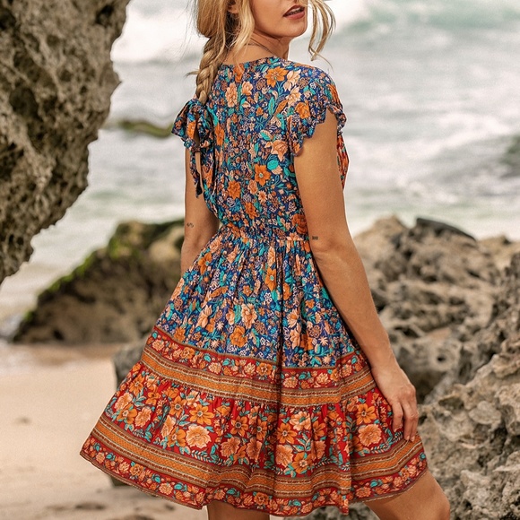 floral print v neck ruffle boho gypsy mini dress - Picture 6 of 13